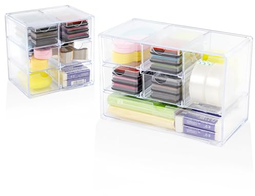 WATUNID 2 Stück Schubladenbox, Acryl Desktop Schublade Organizer mit 6 Schubladen, Mini Durchsichtig Schminktisch Organizer, Plastik Aufbewahrungsbox für Kosmetik Schmuck Schreibwaren