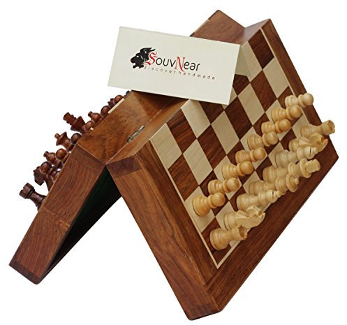 Schachspiel aus Holz, 26,7 cm, hochwertiges faltbares magnetisches Schachbrett, Staunton Schachspiel aus Holz mit integrierter Aufbewahrung
