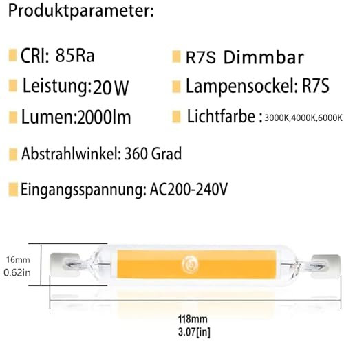 Dvnoua R7S LED 118mm Dimmbar 20W Lampen, R7S LED 118mm Glühbirne Ersatz für 200W Halogenlamp, Stab Naturweiß 4000K 2000LM, Kein Flackern, 360°Abstrahlwinkel, Leuchtmittel, 2PCS
