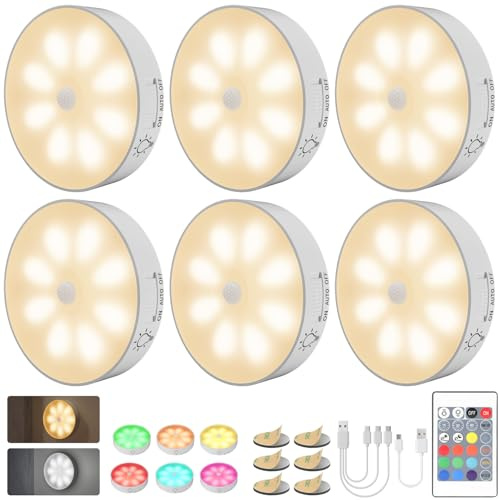 Electight 16 LEDs Schrankbeleuchtung mit Bewegungsmelder, 12 Farben,6 Stück | Unterbauleuchte mit Fernbedienung, 1000mAh Wiederaufladbar Nachtlicht Kabellos LED Schranklicht für Kleiderschrank, Treppe,RV
