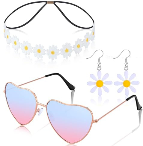 YUSHWENPTY Hippie Accessoires Damen 4 Stück Hippie Kostüm Accessoires 70er Jahre Hippie Kostüm Zubehör Set mit Peace Kette Stirnband Brille Ohrringe für Karneval Party (C)