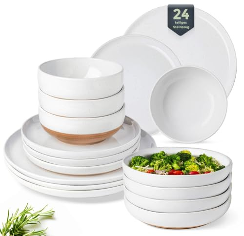GBHOME Service de table 24 pièces en faïence mouchetée pour 6 personnes – Peint à la main et avec bord ondulé unique, passe au lave-vaisselle et au micro-ondes, ensemble d'assiettes et de bols, blanc