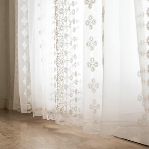 AMDXD Bistrogardine Küche Halbtransparent Ösen 2 Teiliges Set, Spitze mit Stickerei Weiß Scheibengardinen Landhausstil Küche, Baumwolle Leinen Halbtransparent Voile Vorhangschals, 132x120cm