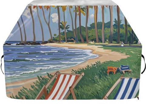 Ölgemälde, Sommer, grün, hawaiianischer Strand, Grillabdeckung, 165 cm, wasserdicht, strapazierfähig, farbecht und UV-beständig, Smokerabdeckungen mit verstellbarem Kordelzug für Staub und Wind