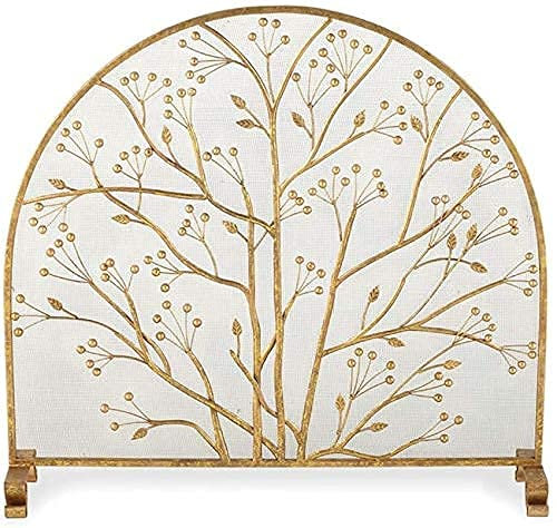 Pare-étincelles grand écran plat doré pour cheminée – Cadre en fer forgé solide avec grille métallique autoportante Décoration de 90 cm