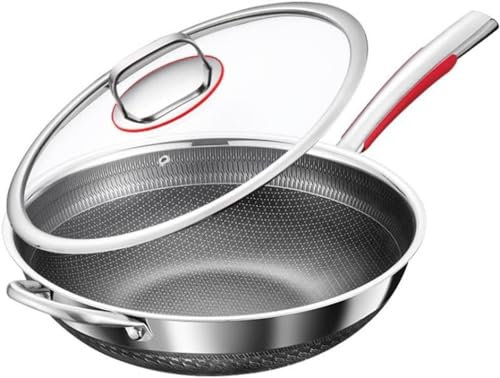 Pan de wok de acero inoxidable de acero inoxidable plateado Wok Wok, Woks de fondo plano de la olla de panal de panal, sin tapa de salteado chino de fondo plano con recubrimiento químico con tapa de