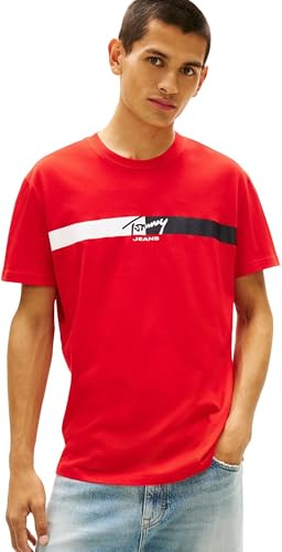 Tommy Jeans Uomo T-Shirt Maniche Corte Signature Stripe in Cotone, Rosso (Rapid Red), L