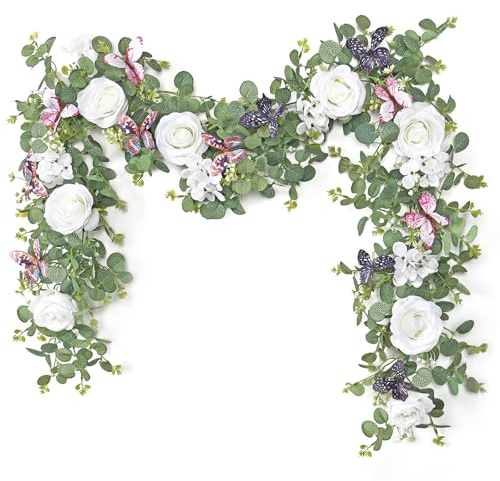 ASTNIC 2 x 1,8m Künstliche Blumengirlande Deko Eukalyptus Girlande Weiß | Wetterfest Rosengirlande 3D Schmetterlinge Hängende Grün Girlande für Hochzeit Tischdeko Garten Wand Party Blumenwand Dekor