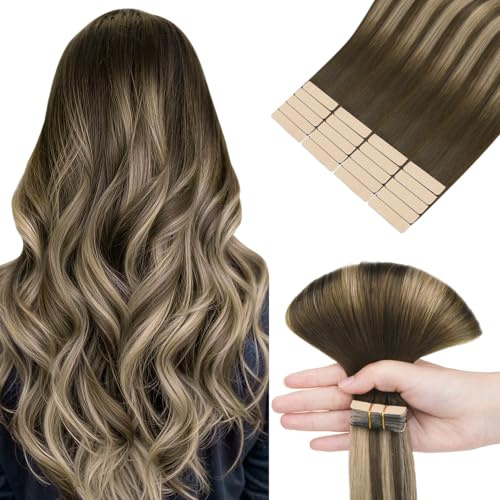 hotbanana Tape in Extensions Echthaar 40cm | Remy Hair Invisible Schokoladenbraun mit Honigblonden Strähnchen Haarverlängerungen Echthaar Tapes 20PCS 50g