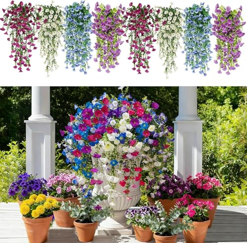 OBDKCAN 8 Stück Kunstblumen Hängend 50cm Petunien Seidenblumen Künstliche Hängepflanze Wetterfest Wie Echt für Balkon Garten Terrasse Innen Outdoor Heimdekoration (Kalte)