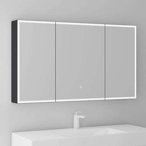 Mai & Mai Spiegelschrank Bad mit LED Beleuchtung 120x15x70 cm | Badezimmerschrank mit 3 Spiegeltüren, Hängeschrank Badezimmerspiegel in Anthrazit matt, Spiegelschrank-04