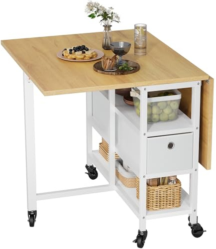 YITAHOME Tavolo da pranzo pieghevole, mobile con 6 ruote e cassetti, per piccoli spazi, cucina, sala da pranzo, rovere giallo e bianco