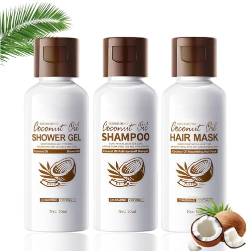 Coconut Oil Shampoo and Conditioner Set, Moisturizing & Nourishing 3-in-1 Travel Size Toiletries, Mini Shampoo & Conditioner with Coconut Shower Gel, Compact Travel Wash Kit for All Hair & Skin Types