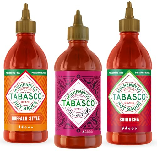 Set TABASCO Squeeze Buffalo, Sriracha & Dulce y Picante, 3 x 256 ml – 3 Salsas Picantes Diferentes para Dosificar, Sin Gluten ni Conservantes