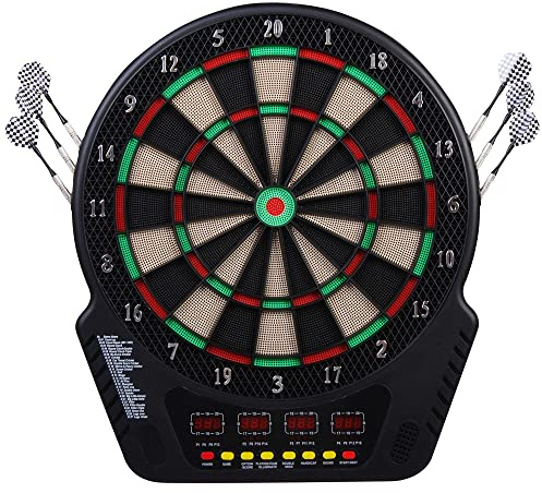 HOMCOM Freccette Bersaglio Elettronico con 6 Freccetta, Alimentatore, 4 Display LED, 243 Programmi e 27 Giochi, Tabellone Freccette Elettronico per 16 Giocatori, 44x51.5x3.2 cm, Nero