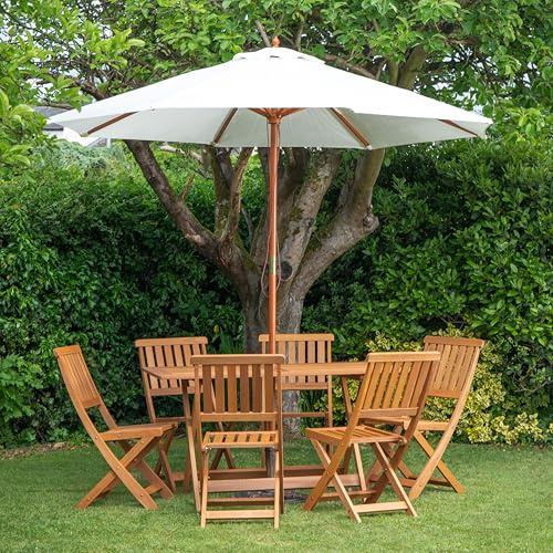 Samuel ALEXANDER Outdoor 6 Person Folding Rectangular Wooden Garden Dining Table with Chairs Cream Parasol and Parasol Base set