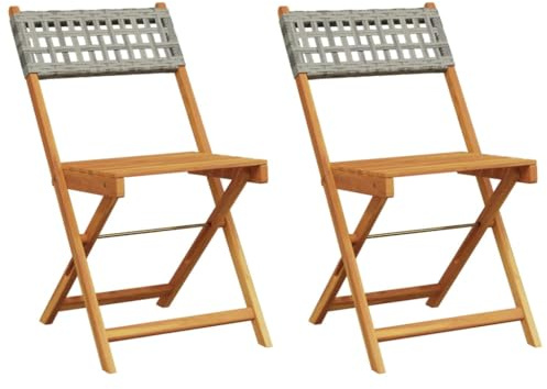 PTUGUOF Poly Rattan Stühle 2 STK. Grau Massivholz Akazienholz Bistrostühle Set, klappbare Poly-Rattan Stühle für Garten Terrasse Balkon, max. 110 kg pro Sitzplatz