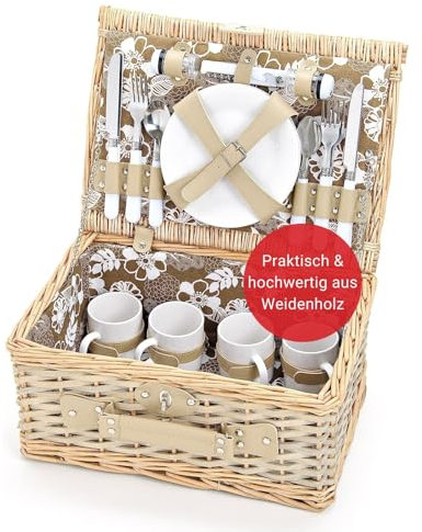 WOMA Picknickkorb mit Blumenmuster für 4 Personen I Geflochtener Weidenkorb mit Besteck, Geschirr & Weingläsern für Fahrrad & Auto I Moderner Picknickkorb mit Tragegriff & Deckel