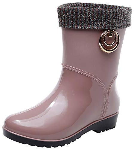ANUFER Femmes Élégante Bout Rond Mi-Mollet Bottes de Pluie avec Doublure Amovible Abricot SN021240 EU38.5