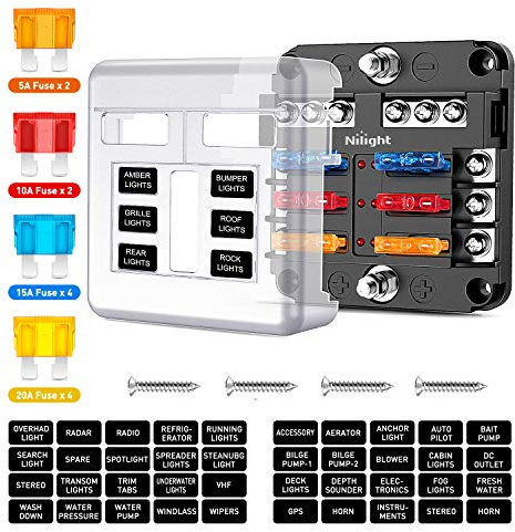 Nilight - 50055F 6 Way Blade Screw Fuse Block 6 Circuits with Negative Bus Fuse Box Holder with LED Indicator ATO/ATC Fuse Panel Waterproof Cover for 12V Automotive Cars Marine Boats RVs Trailers