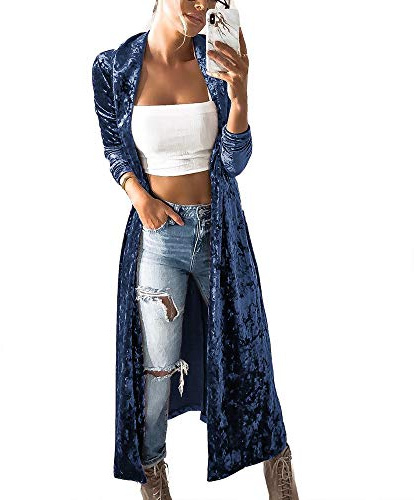 Hibasing Maxi Cardigan spolverino da Donna in Velluto Tinta Unita Trench Coat Anteriore Aperto