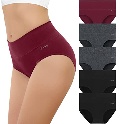 coskefy Underwear Women, High Waisted Cotton Knickers Ladies Full Briefs Soft Panties Slight Tummy Control Pants 5 Pack L