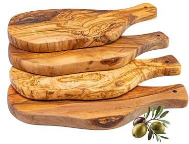 Erreke Holzbrett Küche, Olivenholzbrett, Schneidebrett Holz, Servierbrett Holz, Schneidebrett Olivenholz, 4er Pack Servierbrett Set, Fingerfood Käse Vorspeisen Brot Handarbeit (ca. 28cmx13cm, 4 Stück)