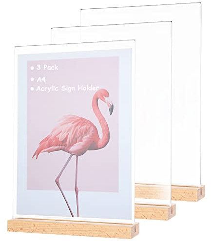 LOLYSIC 3 Pack A4 Acrylic Sign Holder, Wooden Base A4 Display Stands, T-shaped Double Side Poster Menu Holders for Tables, Worktop, Office, Home, Shop