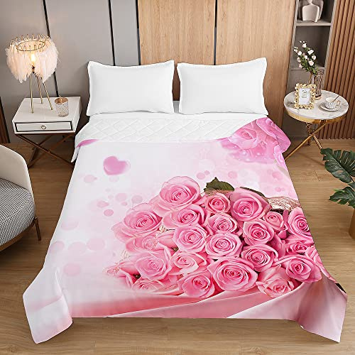 Chickwin Tagesdecke Bettüberwurf Steppdecke, Rose Blume Drucken Tagesdecken mit Präge Wohndecke aus Mikrofaser Gesteppt Bettdecke Bettbezug für Einzelbett Doppelbett (Rosa,230x280cm)