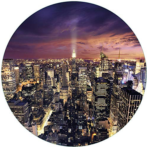 Wallario Glasbild rund New York bei Nacht - Panoramablick über die Stadt - Rund, 50 cm Durchmesser Wandbild Glas in Premium-Qualität: Brillante Farben, freischwebende Optik