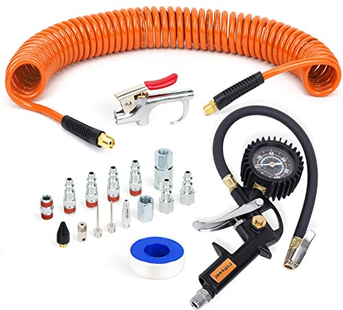 FYPower 18 Pieces Air Compressor Accessories kit, 1/4 inch x 25 ft Recoil Poly Air Compressor Hose Kit, 1/4 NPT Quick Connect Air Fittings, 100 PSI Tire Inflator Gauge, Heavy Duty Blow Gun
