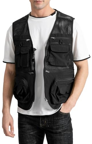 Sukany Men's Mesh Fishing Vest Utility Multi-Pocket Outdoor Work Shooting Safari Travel Photography Vest Black L