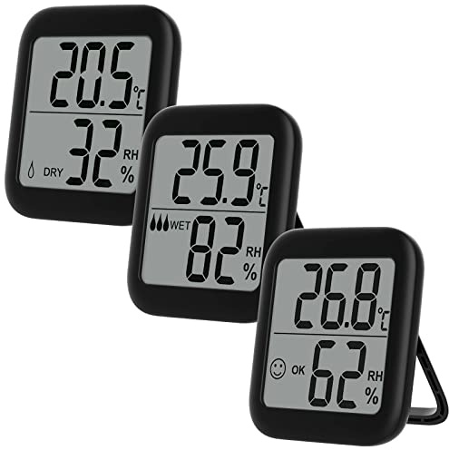 VICKSONGS Termometro Ambiente Interno [Magnetico & Stand] Igrometro Digitale Lcd con l'Icona Di Comfort, Misuratore Umidità Ambiente,Igrometro Termometro per Interni Serra Ufficio Stanza (Nero 3)