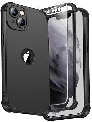ORETECH für iPhone 13 Hülle Silikon mit Schutzfolie,Schwarz | Militärschutz Stoßfest Kratzfest Handyhülle für iPhone 13, Vollständiger Kameraschutz, Vorne und Hinten Schutz Case