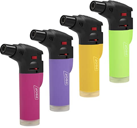 PROF Soplete De Cocina Soft, Profesional Antorcha Butano Encendedor Mechero, Recargable, con Bloqueo de Seguridad & Llama Ajustable para barbacóa Crema Cámping (Gas precargado), Pack x4