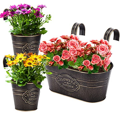 PerGar Vintage Metal Iron Wall Hanging Flower Pots, Rustic Planter Bucket Herb Flower Plant Holder with Detachable Hooks & Drainage Hole for Railing Fence Balcony Deck Garden Home Decoration, Set of 3
