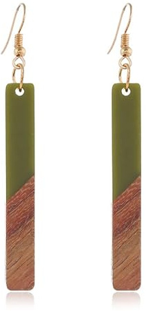 Boho Dangling Statement Earrings Simple Chic Wooden Earrings, Resin Geometric Bar Pendant Wood Earrings-green