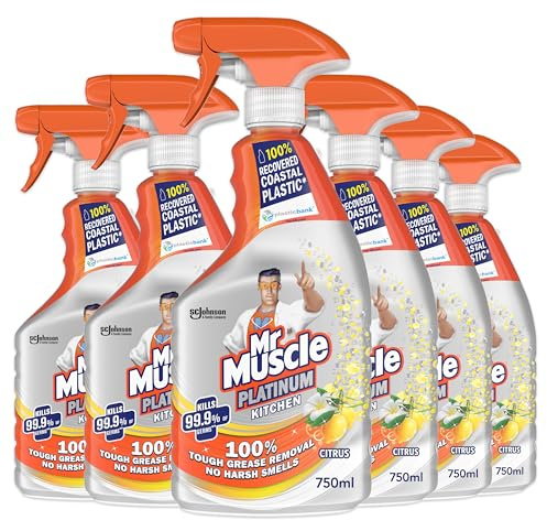 Mr Muscle Kitchen Cleaner, Platinum Antibacterial Kitchen Spray, Citrus, Pack of 6 (6 x 750 ml)