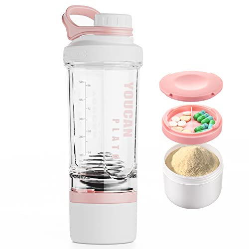 YOUCAN PLATO Shaker Proteinshake,Protein Shaker,Eiweiß Shaker Mit Pulverfach und Kugel,Shake Becher,Fitness Shaker,Schüttelbecher,Shaker Flasche Spülmaschinenfest,BPA frei, mit Tritan,620ML-Rosa