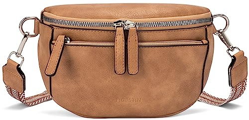 FIGESTIN Bauchtasche Damen, PU Leder Crossbody Bag Damen Breiter Gurt, Umhängetasche Damen Klein Verstellbarer Riemen Kamelbraun