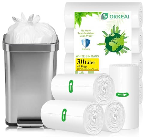 OKKEAI Bin Bags 30l Bin Liners Medium Garbage Bags White 40 Counts Strong Kitchen Trash Bags Fit 20-25l Pedal Rubbish Bin