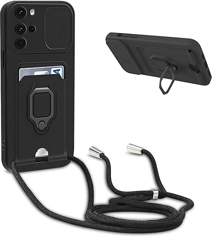 YFSYLL Funda con Cuerda Compatible con Motorola Moto G22,Ajustable Collar de Cuello Cordón Carcasa de Silicona,Protección de la cámara Funda,Anillo Soporte,Ranuras para Tarjetas,Negro