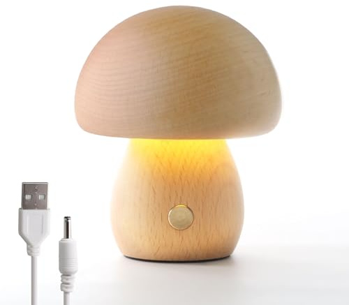 Pilzlampe aus Holz, Tragbare Dimmbare Nachttischlampe mit USB-Aufladung, Kabelloses Nachtlicht, Pilz-Tischlampe für Heimdekoration, Schlafzimmer, wiederaufladbare LED-Nachttischlampe (Buche)