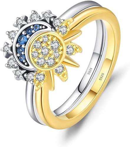 TOFBS Himmlischer Sonne Mond Ring S925 Sterling Silber Zirkonia Schmuck Damenring Zweifarbig Verstellbar Celestial Damenring