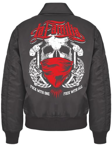 Spaß Kostet Herren CWU Bomberjacke mit Kragen La Familia FCK Death Skull Crew Support Crime Bandana Größe S bis 7XL
