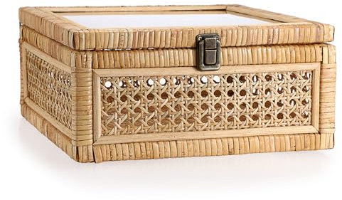 TOLIDA Böhmischer Aufbewahrungsbox mit Plexiglasdeckel, Rattan Kiste mit Schloss, Dekorative Box für Bade, Wohn, Küche, Schlafzimmer, Schränke, Einkaufszentren, Ausstellungsregale(L)
