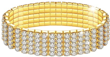 Kucheed 2 Stück Stretch Armbänder mit Strasssteinen, Twinkle Diamant Tennis Armreif, Bling Stapelbares Brautarmband aus Kristall, Glänzendes Hochzeits Party Armband für Frauen (Gold)