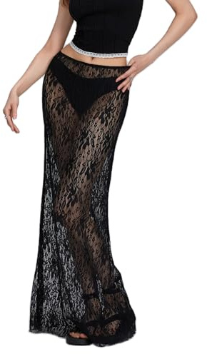 ESSECMBS Gonna Lunga in Pizzo da Donna Midi a Vita Alta Trasparente a Balze Ruota con Orlo Increspato Fluida con Spacco Vedere Attraverso