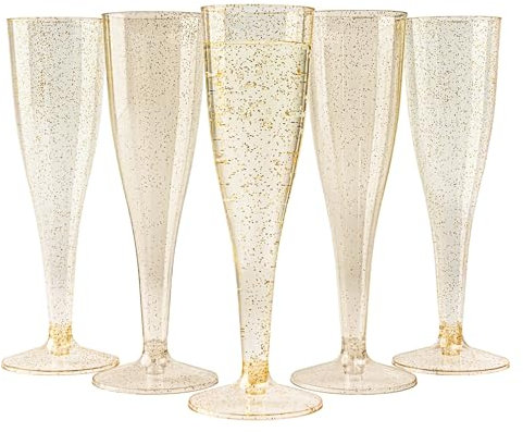 Matana - 48 Eleganti Flute da Champagne in Plastica con Glitter Oro, 133ml - Bicchieri da Brindisi Dorati Riutilizzabili e Resistenti per Cocktail, Dessert - Matrimoni, Compleanni, Feste
