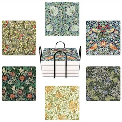WWOOPLL William Morris Drink Coasters Set of 6, Vintage Botanical Floral Garden Absorbent Square Ceramic Stone Mat Coaster, with Cork Base and Metal Holder, Anti-Slip Cork Bottom for Mugs and Glasses
